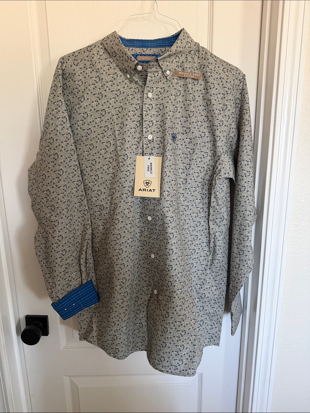 Ariat Men’s Gray Button-Up with Blue Floral Print and Blue Inner Cuffs